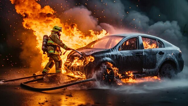 Firefighters extinguish a burning car on the road at night, A fireman using water and an extinguisher to fight with fire flames in an accident car on the wayside road