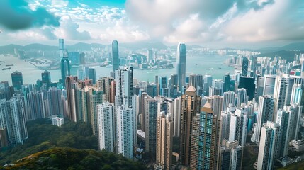 Obraz premium Top down view of Hong Kong city : Generative AI