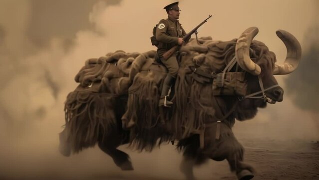Elephant charges forward, trunk swaying, feet pounding earth. Dust billows dramatically, creating swirling patterns. Soldier sways with elephant's motion, gripping tightly. 