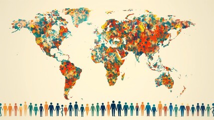 Fototapeta premium Population Diversity Silhouette Row Beneath Vibrant World Map Illustration Highlighting Global Unity for World Population Day Concepts