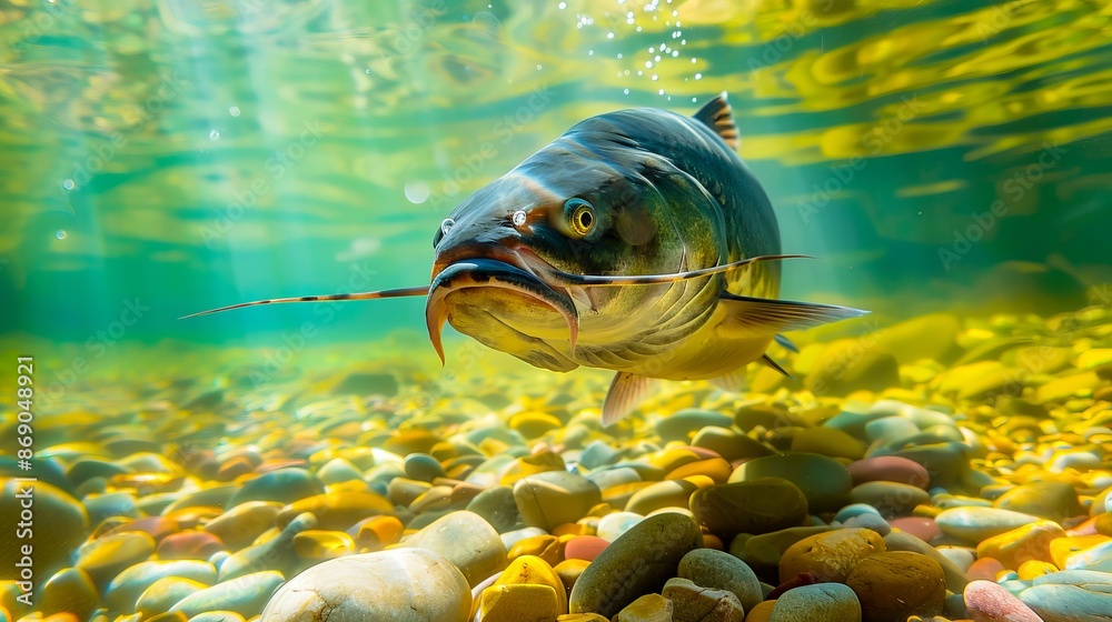 Wall mural A fish swimming in the water with rocks and gravel.