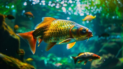 Fototapeta premium A fish swimming in an aquarium with green plants.