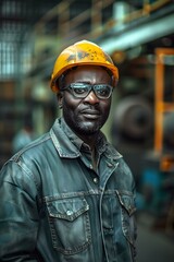Portrait of a Black male worker wearing a hard hat in a factory