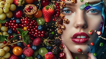 Fototapeta premium Collage of women portraits with berries sweets and detailed abstract composition Chaotic composition : Generative AI
