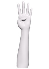 White mannequin hand, isolated female hand. White hand sculpture gesture isolated illustration, 3d rendering concept. Detailed 3D Illustration.