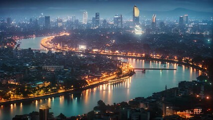 Panoramic view of the city of Bangkok at night, Aerial skyline view of Hanoi, Hanoi cityscape at twilight