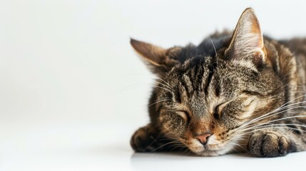 a cute cat sleeping on white background, with white space