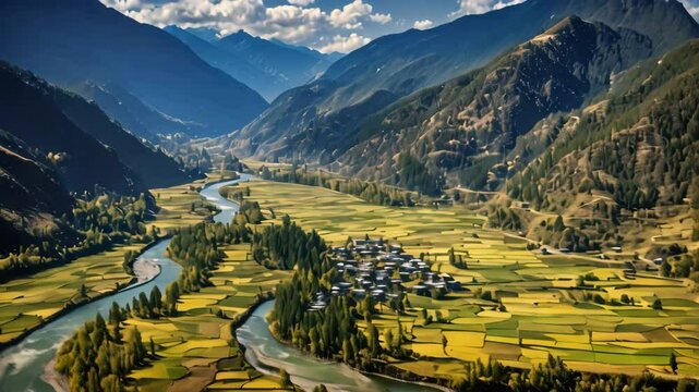 Aerial view of village and river in Himalayas, Nepal, Aerial view of Paro Valley; Bhutan