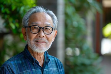 Portrait of Joyful Elderly Asian Man with Glasses looking at camera