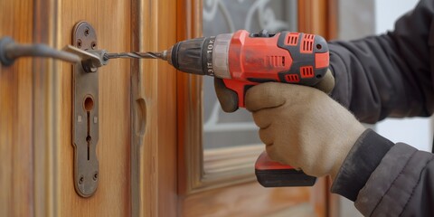 A worker wearing protective gloves operates a power drill to create a hole in a wooden door, focusing on accuracy and precision to install or repair the door components.
