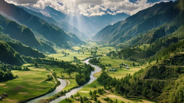 Aerial view of the valley in Himalayas, Nepal, Aerial view of Paro Valley; Bhutan