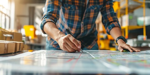 An architect in a plaid shirt reviews a detailed map plan with a pen in hand, indicating changes or notes, while working in a productive and organized workspace filled with materials.