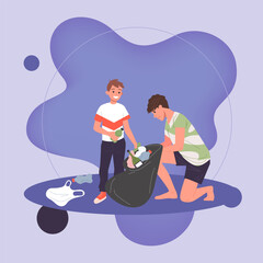 Father and son collecting trash in packet. Volunteers cleaning planet from rubbish, picking plastic litter. Vector illustration for recycling, environment concept