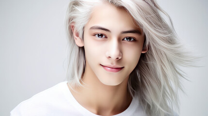 Fototapeta premium Portrait of a cute handsome happy Asian blond teenager guy with white long hair and perfect skin, white background, banner.