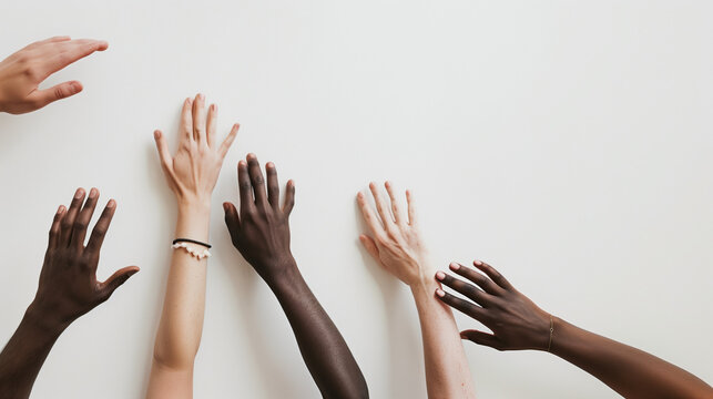 Minimalist photo of diverse hands reaching out on white surface. Symbolizes friendship and cooperation, perfect for public outreach on International Friendship Day.





