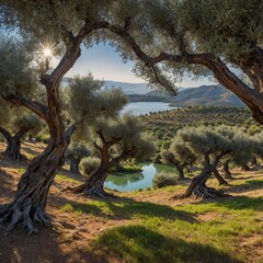 A grove of ancient olive trees on a hillside, overlooking a shimmering lake in the valley below.

