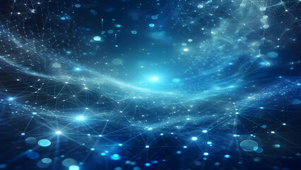 Blue abstract background with network grid and particles