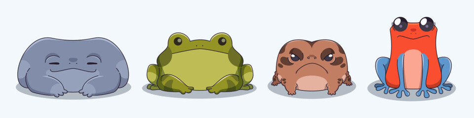 Cute aquatic and tropical frog character of different colors and species. Sitting on floor comic childish toad animal. Cartoon vector illustration set of funny amphibian creature and froglet mascot.