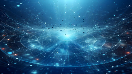 Blue abstract background with network grid and particles