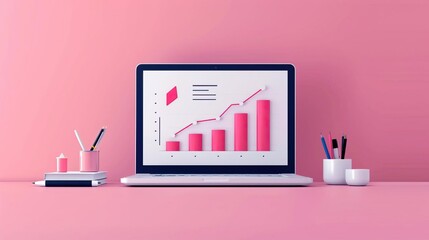 Obraz premium Laptop displaying a pink upward graph on a desk with stationery, over a pink background, symbolizing growth and success in business.