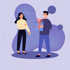 Happy young woman getting gift in big box from man. Loyal customer receiving gift and bonuses from store. Vector illustration for reward, loyalty program, promotion, marketing concept