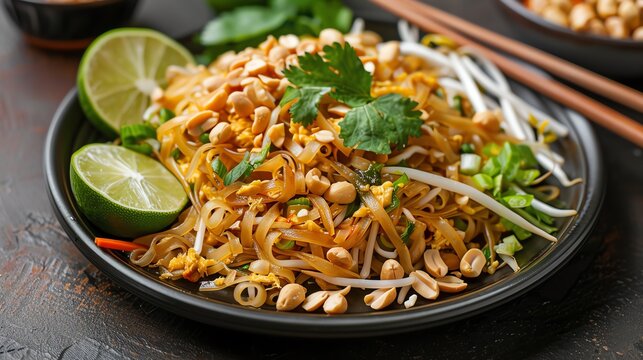 Thai pad thai, fresh lime, chopped peanuts, traditional dish, vibrant ingredients, flavorful noodles, street food favorite, garnished plate