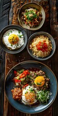 Delicious Asian Food with Fried Eggs, Noodles and Meat