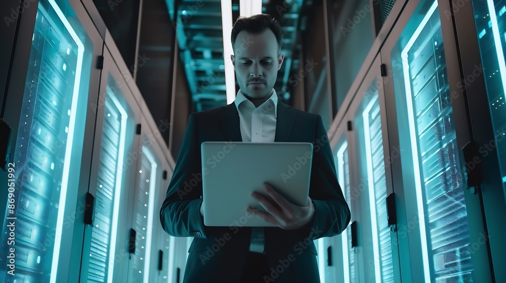 Poster futuristic concept business man with laptop in data center : generative ai