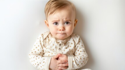 A baby with a stomach ache. holding their stomach in pain. on white background. with white space