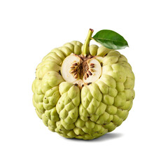 Custard apple round with a lumpy green exterior sliced to reveal its creamy white flesh