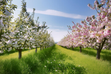 A picturesque image of an apple orchard in full bloom, with rows of trees covered in white and pink blossoms
