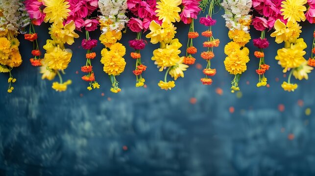 Decorative flowers background for Onam Rangoli and Diwali Flower hanging border design Pongal concept background : Generative AI