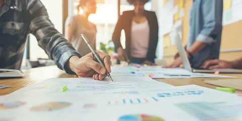 A team of professionals works collaboratively on various financial charts and data reports spread across a large table, enhancing business strategies and sharing insights in an office.