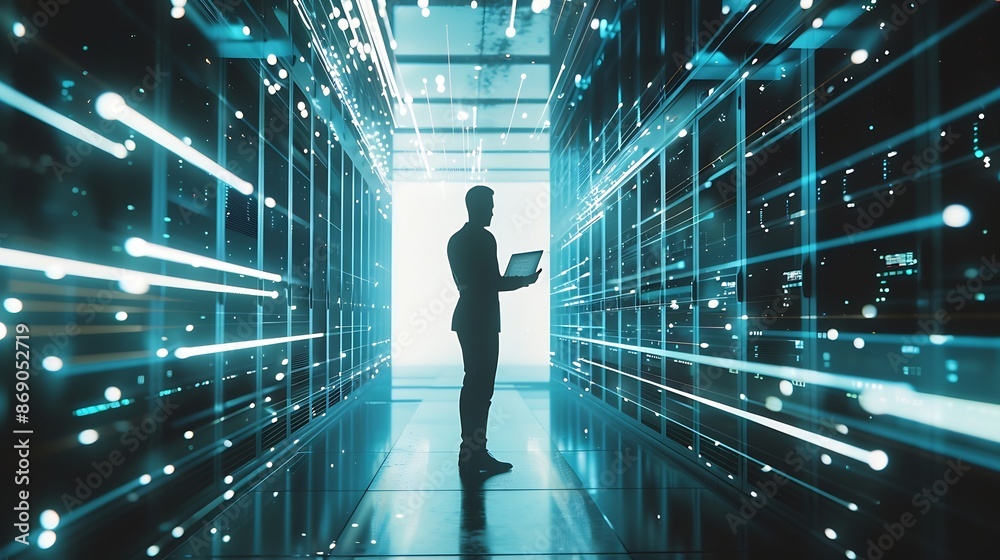 Aufkleber futuristic concept data center chief technology officer holding laptop standing in warehouse informa
