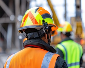 Construction workers wearing safety helmets and vests on a building site ensuring safety and progress. Teamwork and construction industry concept.