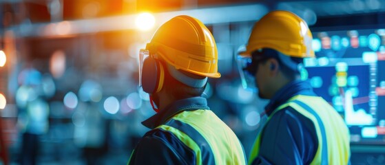 Industrial workers wearing safety gear and helmets, monitoring control panel in modern factory at night.