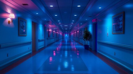 A long hallway with blue walls and purple lights.