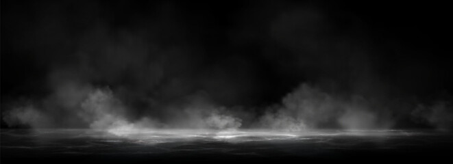 Smoke clouds above black water surface. Vector realistic illustration of white fog, steam, mist over spooky sea waves, dark river splashing in scary smog, mysterious Halloween atmosphere, horror night © klyaksun