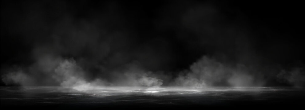 Smoke clouds above black water surface. Vector realistic illustration of white fog, steam, mist over spooky sea waves, dark river splashing in scary smog, mysterious Halloween atmosphere, horror night