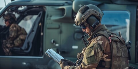 Fototapeta premium A soldier, equipped with tactical gear and helmet, reads a map beside a military helicopter, preparing for a mission. Blurred in the background, another soldier in the aircraft.