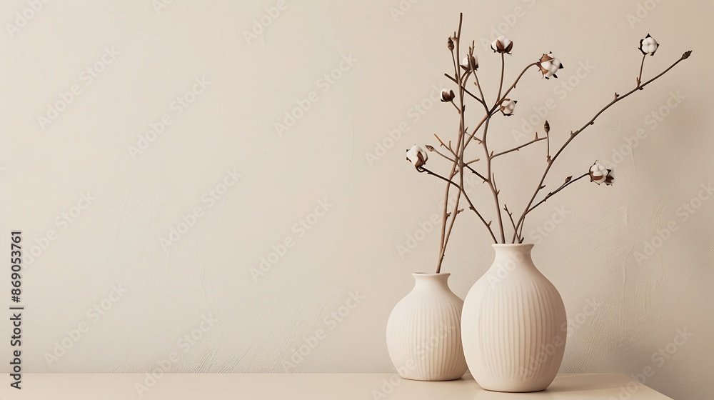 Poster beige ceramic vases with dry cotton branches stylish and minimalistic background for display your pr