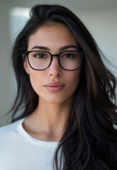 Fototapeta premium Portrait of a Middle Eastern businesswoman with long, dark hair, wearing thick-rimmed glasses. She has a confident expression, well-defined eyebrows, and a poised demeanor