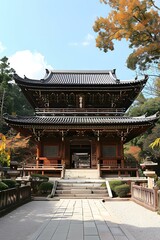 Fototapeta premium Traditional Japanese Temple Architecture With Stone Steps And Pathway