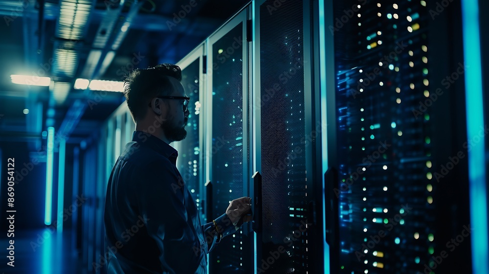 Fototapete Internet Business Digital technology Network and cybersecurity of data center with engineer working in a server room computer Data analytics troubleshooting with a programmer : Generative AI