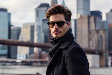 Portrait of stylish man in front of urban skyline