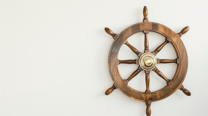 Ship's wheel on light neutral background. Symbolizes leadership and adventure spirit, ideal for Seafarer's Day or maritime training promotion.

