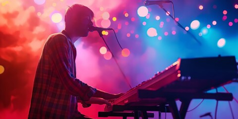 A musician plays keyboard and sings into a microphone on stage, surrounded by vibrant, multicolored lights, encapsulating the energy and ambiance of a live performance.
