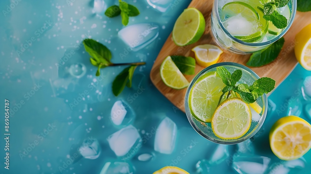 Poster two glasses of mojito cocktail or tonic with lemon lime mint and ice on a wooden board summer concep