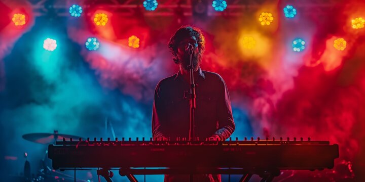 A captivating scene of a keyboardist silhouetted against a vibrant stage backdrop, with colorful lights creating a dynamic and energetic atmosphere during the live performance.