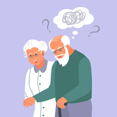 Old man suffer from dementia loss memory. Woman supports confused senior male struggle with Alzheimer disease. Elderly healthcare and medicine concept. Flat vector illustration. 
